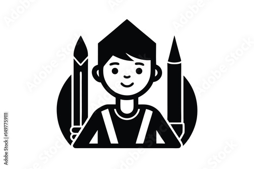 Young artist silhouette holding pencils creative design