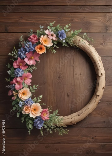 Delicate watercolor floral wreath, rustic wood backdrop, background, floral