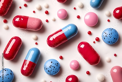 Colorful capsules and pills medical background
