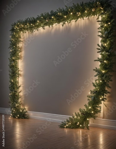 Elegant evergreen border with twinkling lights and garland ,  holiday,  design