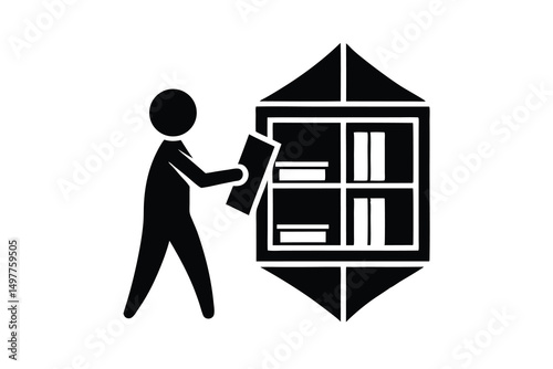 Person silhouette placing book in modern bookshelf icon
