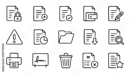 Hand drawn vector icon set illustrating document actions