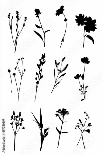Twelve monochrome botanical silhouettes; delicate wildflowers & grasses
