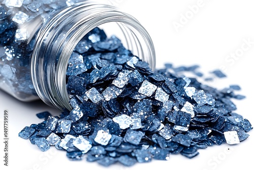 Sparkling blue glitter spills from jar