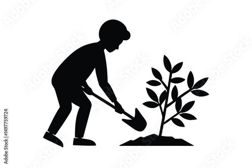 Person planting a sapling tree silhouette illustration