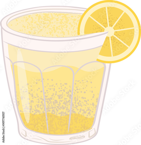 Lemonade drink with a lemon slice. Freshly squeezed citrus beverage in a glass, bright yellow color, refreshing summer drink, with a slice of lemon on the rim. Flat vector illustration