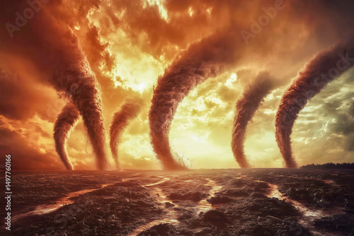 Rare sight with multiple tornadoes forming simultaneously, with each funnel visible against a turbulent sky
