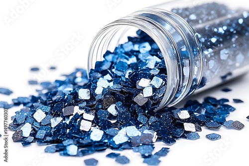 Sparkling blue glitter spilling from jar