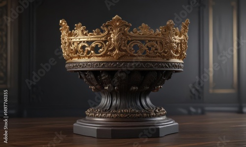 Gilt crown rests on dark, carved wooden pedestal  Intricate details shown ,  emblem,  detail
