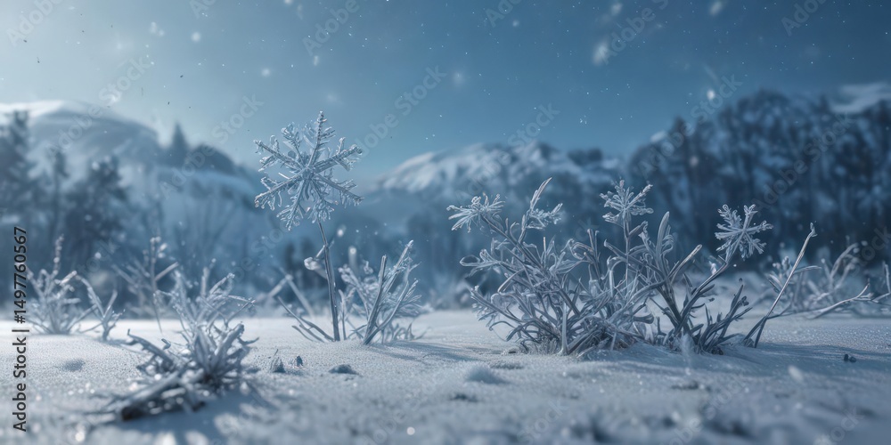 Fototapeta premium Delicate snowflakes falling over a frosty, blue winter scene , peaceful, calm