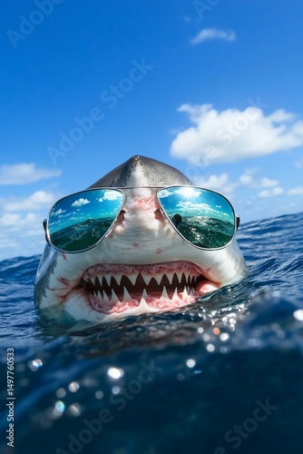 A shark wearing sunglasses smiles from the ocean