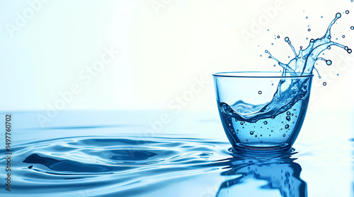 Glass of water splashing in blue liquid on a reflective surface  
