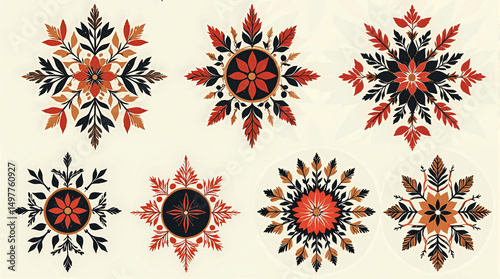 Decorative folk-inspired floral snowflake patterns in red and black color scheme  