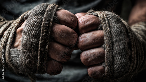 Closeup of fighter hands wrapped in worn cloth, ready for training