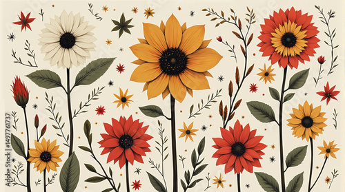 Colorful folk-inspired floral illustration featuring various flowers on beige background  