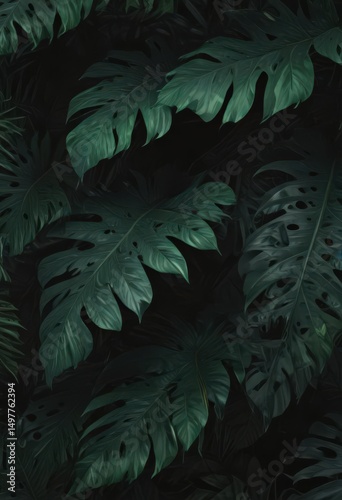 Luxurious dark green & black tropical leaf abstract  Bold, exotic, shadowy design ,  sophisticated,  motif,  texture
