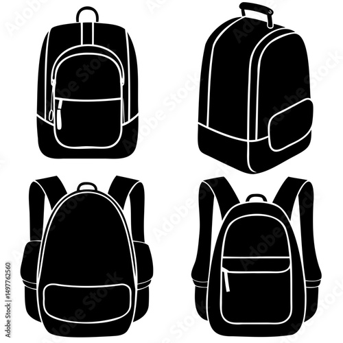 Vector set of four backpack silhouettes with clean black outlines on transparent background