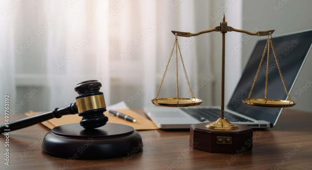 Justice scales and gavel symbolizing legal system and law enforcement with laptop and documents Justice scales and gavel symbolizing legal system and law enforcement with laptop and documents