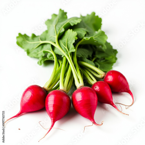 Realistic and Vibrant Close-Up of a Bunch of Whole Radishes with Bright Red Skins and Leafy Tops