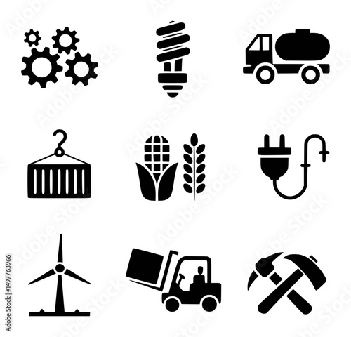 Industry and agriculture icons set in minimalist black and white style