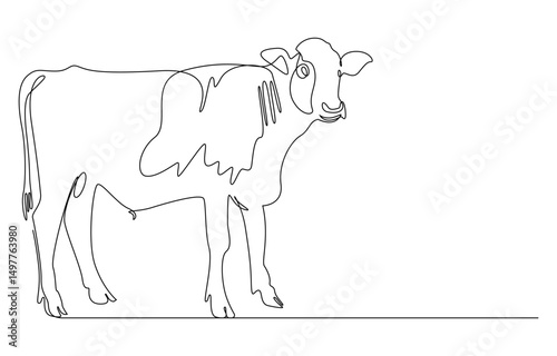 continuous line cow with head down,Domestic cattle. Animal. Linear minimal style. 