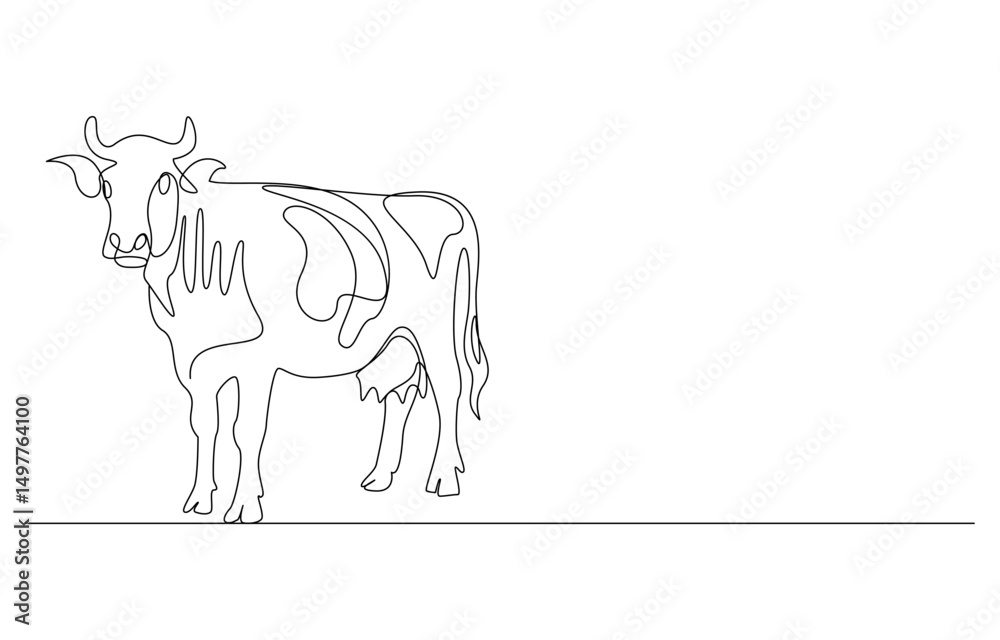 Fototapeta premium continuous line cow with head down,Domestic cattle. Animal. Linear minimal style. 