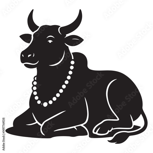 Black and white illustration of a sacred cow with necklace for indian hindu religious design element silhouette, eid mubarak, eid ul adha