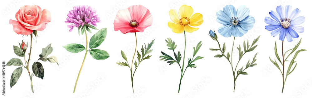 Fototapeta premium PNG Colorful watercolor floral illustration, element set on transparent background