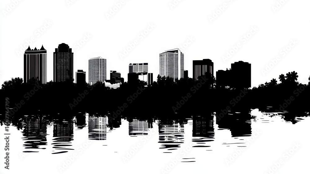 Fototapeta premium Cityscape Silhouette Reflection Urban Skyline Black and White