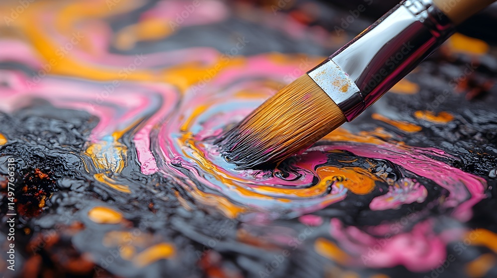 Fototapeta premium Close-up of a paintbrush in swirling, vibrant pink, orange, and blue acrylics on a dark, textured surface