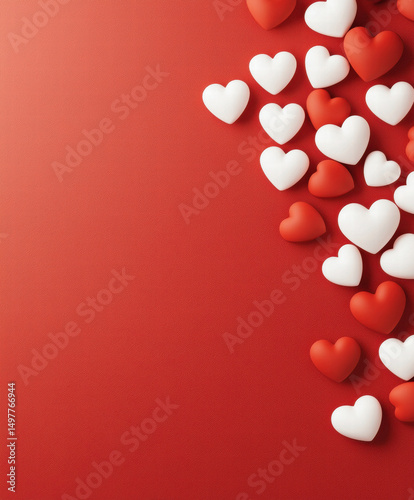 Red and white heart shapes scattered on red background for romantic love feeling