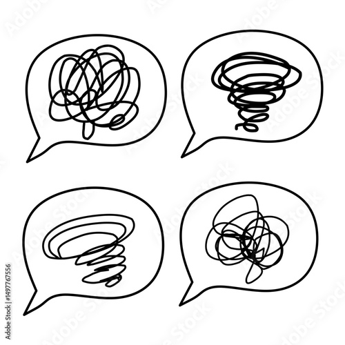 Stressed thoughts bubble icon set. Black outline stressed isolated on white background. Symbol for negative emotions, anger, mental disorders.