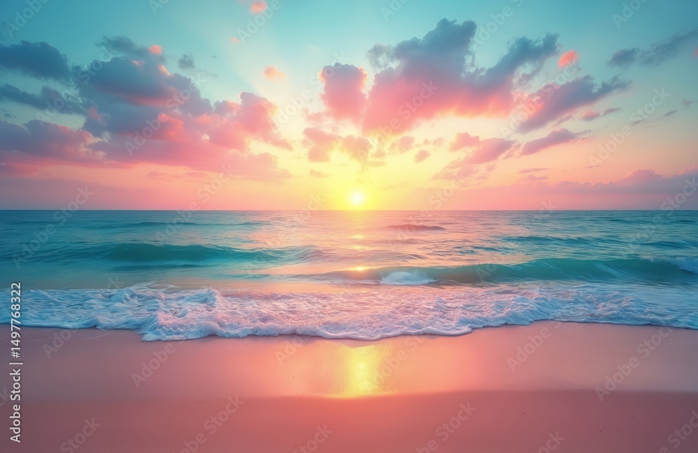 Fototapeta premium Colorful sunset over pink beach with soft waves. Sun reflects on water surface. Orange, pink, blue colors palette. Beach scene suitable for vacation, travel, tropical destination, holidays, paradise.
