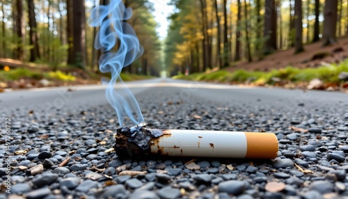 Cigarette Butts and forest: A discarded cigarette smolders on a road with a woodland backdrop, raising concern for environment.