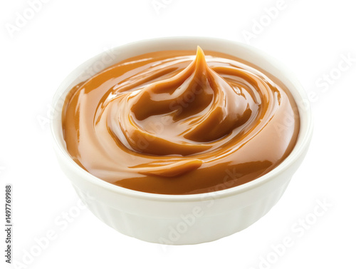 Creamy caramel sauce in white bowl isolated on white background.