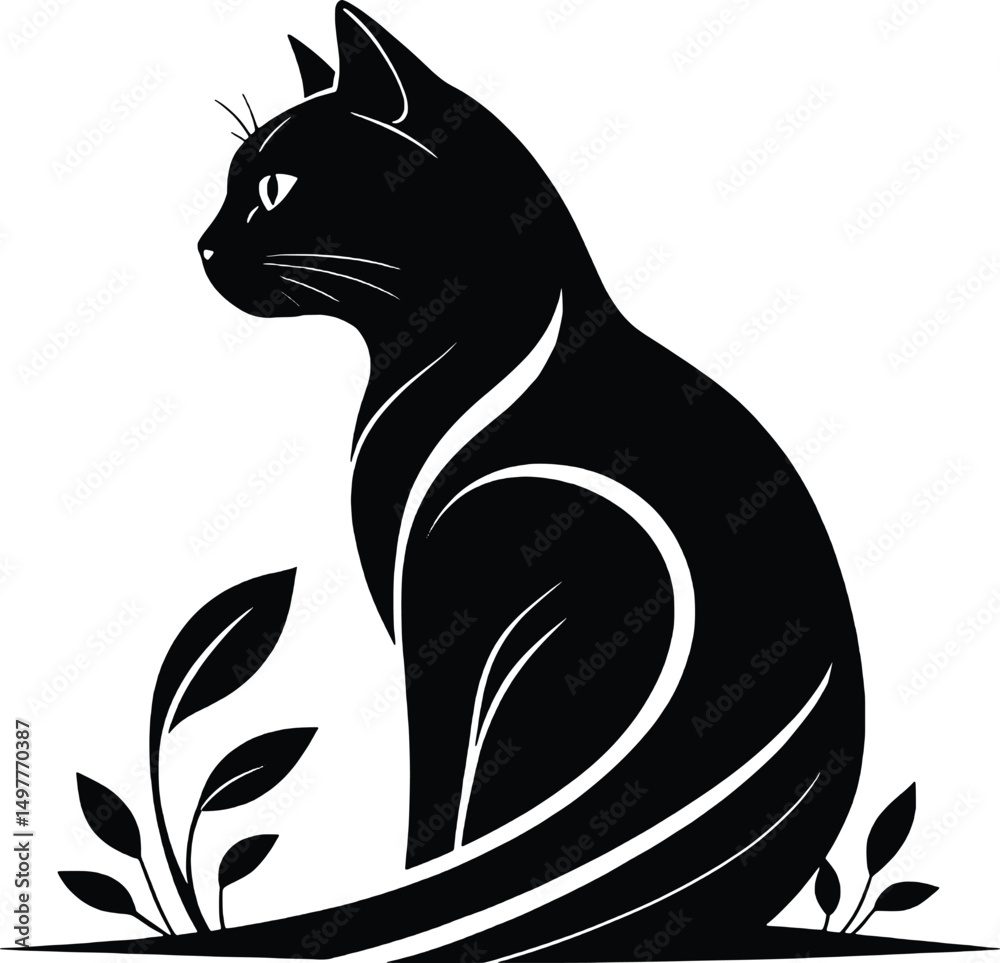 Obraz premium Black cat silhouette sitting with flowing curves and botanical leaf accents, Ideal for tattoo designs, nature-themed art, minimalistic wall decor, pet branding and eco-friendly design projects