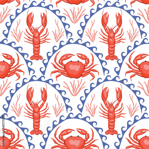 Lobster, crab, coral seamless pattern, blue arch background. Summer sea wallpaper.	