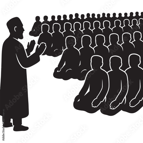 Islamic prayer gathering illustration: muslims praying in congregation at mosque black and white silhouette, Muslim Imam Leading Prayer with Congregation