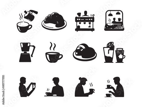 This set of icons depicts various coffee shop elements, from brewing methods and pastries to people enjoying coffee on white