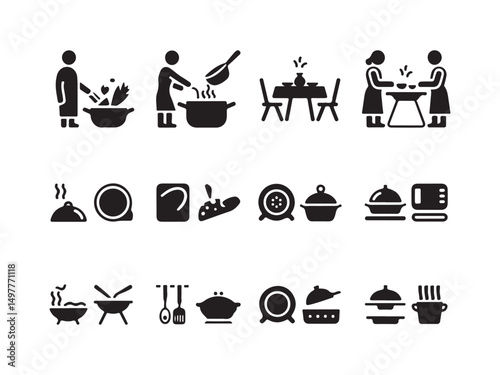 This set of black and white icons depicts various stages of cooking, preparing food, and dining on white
