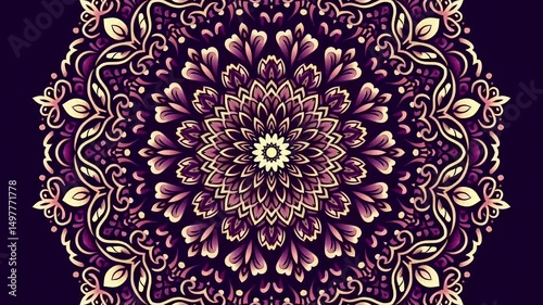 Hypnotic kaleidoscope mandala background loop with symmetrical floral motion and vivid energy patterns for healing, zen, and video backdrops