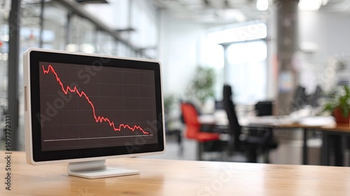 Red downward financial graph on laptop screen in modern office environment, concept of market crash, investment risk, stock decline, and economic volatility