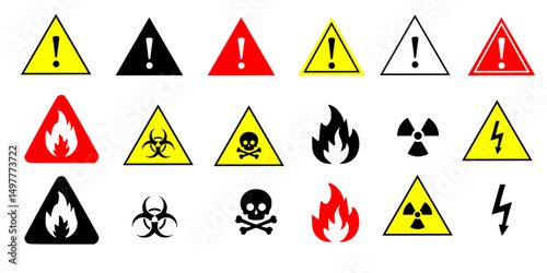 Caution danger vector ,Toxic,biohazard,highvoltage,fire,Exclamation mark sign,Triangular warning symbols icon set, warning sign, Vector illustration