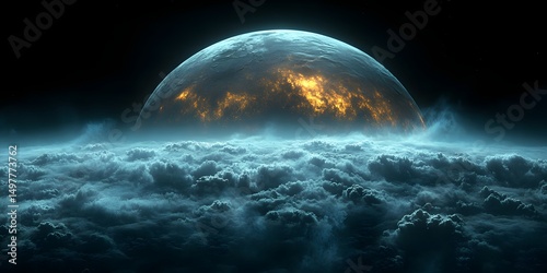 A planet rising above a sea of clouds with a fiery glow in a dark and mysterious atmosphere