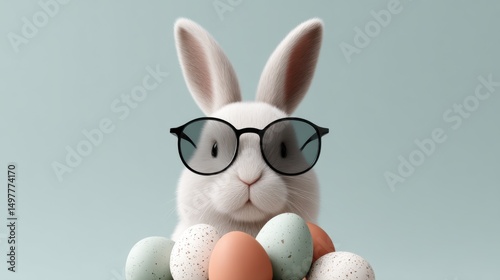 Adorable Easter Bunny with Sunglasses and Eggs photo