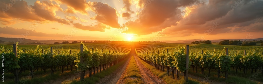 Fototapeta premium Panoramic photo vineyard at sunset. Orange sky sun. Rows green grape vines, leading path, vineyard. Countryside scenery, rural landscape, winemaking business. Agriculture farming, harvest time.