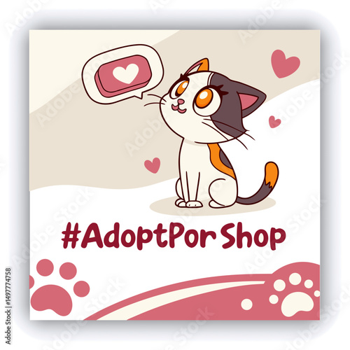 Adopt, don't shop! Creative square banner template. Naive illustration with young woman, who hugging her adopted dog with big heart on background. Flat style. Kawaii clip art with french bulldog.