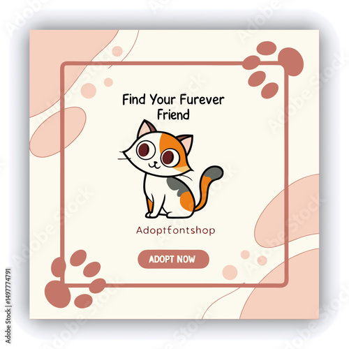 Adopt, don't shop! Creative square banner template. Naive illustration with young woman, who hugging her adopted dog with big heart on background. Flat style. Kawaii clip art with french bulldog.