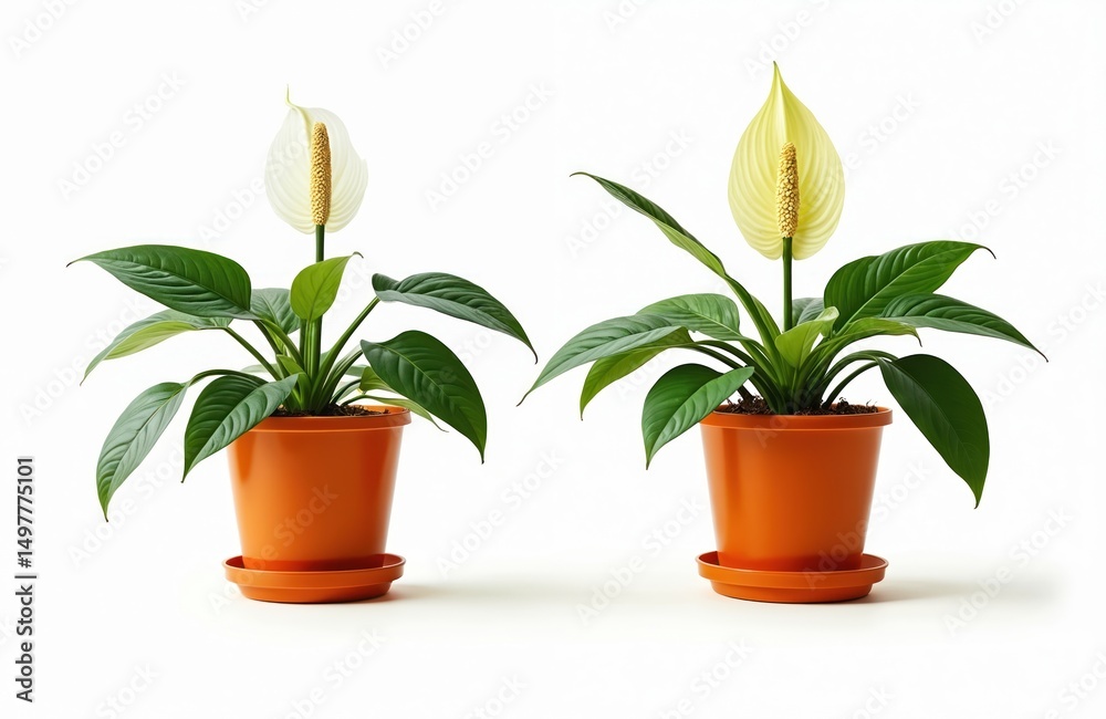 Healthy, hydrated peace lily plants Spathiphyllum isolated on white. Green foliage, white flower, orange pot with saucer. Houseplant representing freshness, indoor eco decor, wellness. Ideal for Healthy, hydrated peace lily plants Spathiphyllum isolated on white. Green foliage, white flower, orange pot with saucer. Houseplant representing freshness, indoor eco decor, wellness. Ideal for