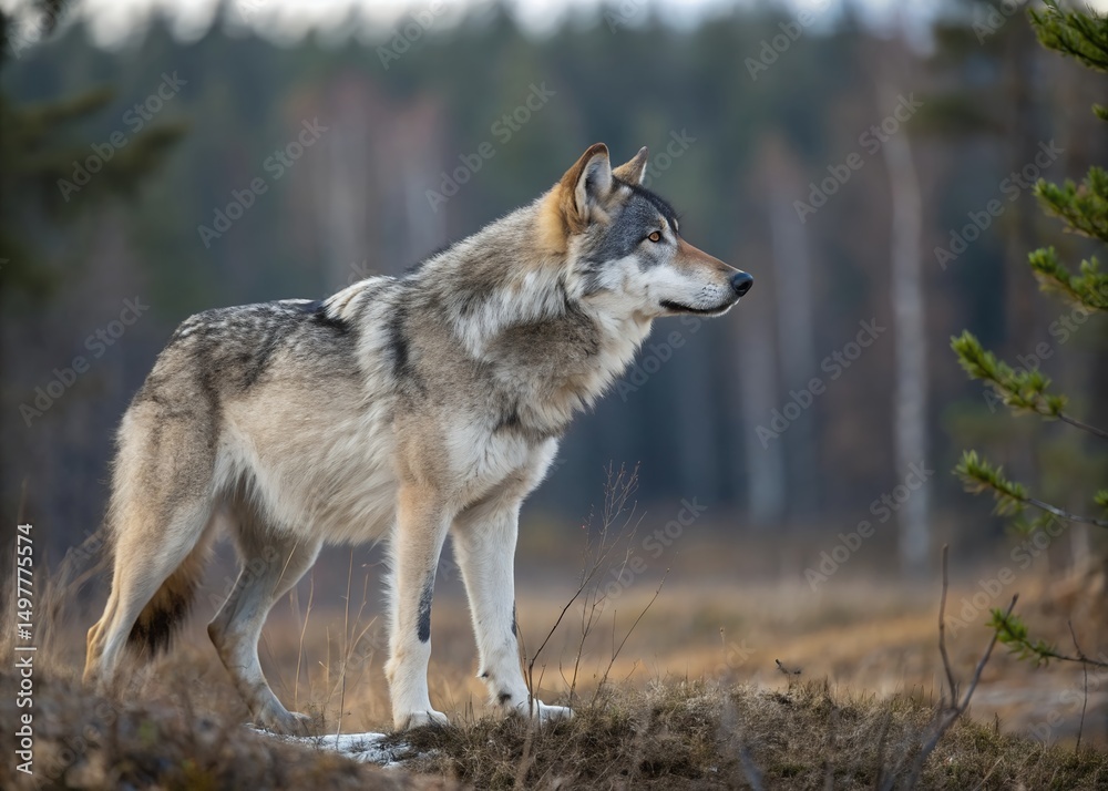 Fototapeta premium Majestic Gray Wolf in Winter Forest A Stunning Wildlife Photograph
